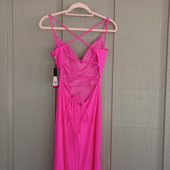 La Femme Strappy Back Jersey Gown SZ 4 Women Hot Pink Deep V Neck Wedding Guest - Picture 6 of 14